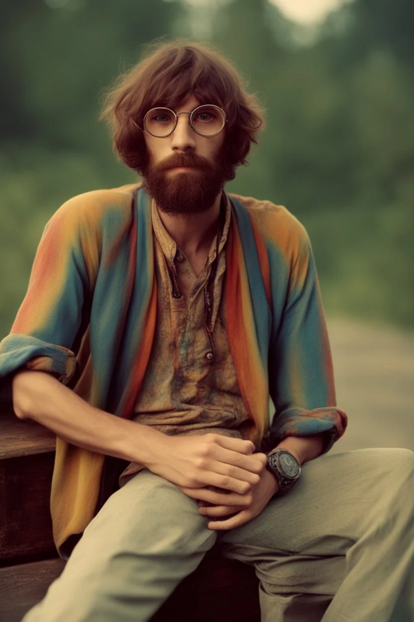 Hippie bohemian young man with Parisian bohemian look and glasses of colours and poor and short short short and poor hair on the head with receding hairline. Farsightedness glasses with big eyes. Long beard. Vintage look and feel like photo styleof the 70s