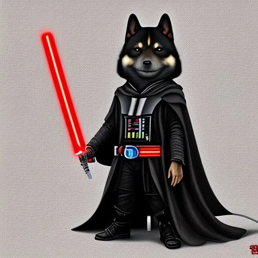 darth shiba inu sith lord with a red light saber glowing