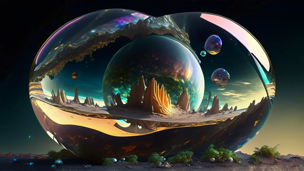 photorealistic glass planet full of lifeforms floating in a giant exoplanet, Trompe-l'œil, galactic warpdrive