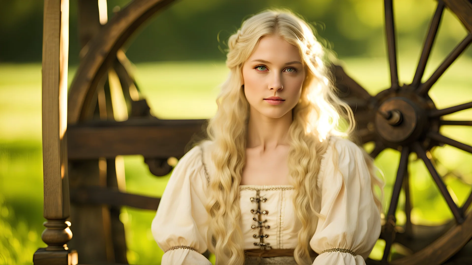 Photo is in sharp focus with high resolution and is a closeup of a beautiful and slender caucasian 16 year old teen girl with long wavy platinum blonde hair. She is wearing a medieval peasant dress with a coset. She is seated at a spinning wheel gazing at the viewer.