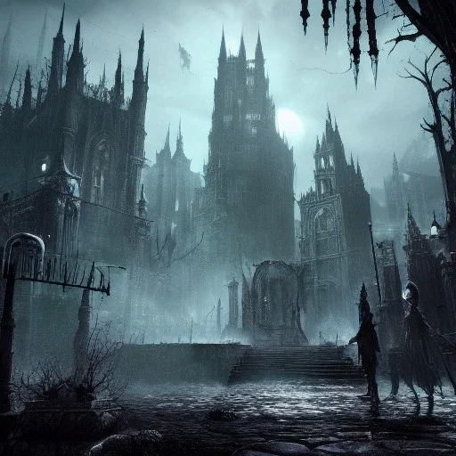 hyper realistic Bloodborne cityscape surrounded by demon beasts of the night