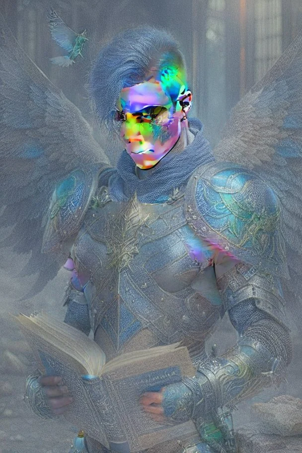 a person in runic armor with blue wings, blue short hair, runic tattoo and spell book