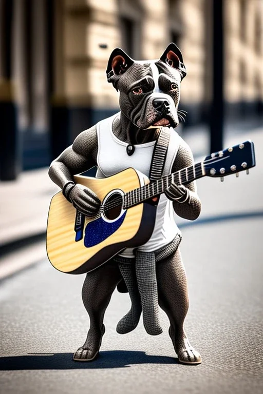 One single mature light Staffordshire terrier, friendly, playing guitar in the street , Berlin, sunny day, model style, hyper realistic, extremely accurate, delicate, extremely detailed, Graphic novel style, wide-angle, open aperture, superfine pencil