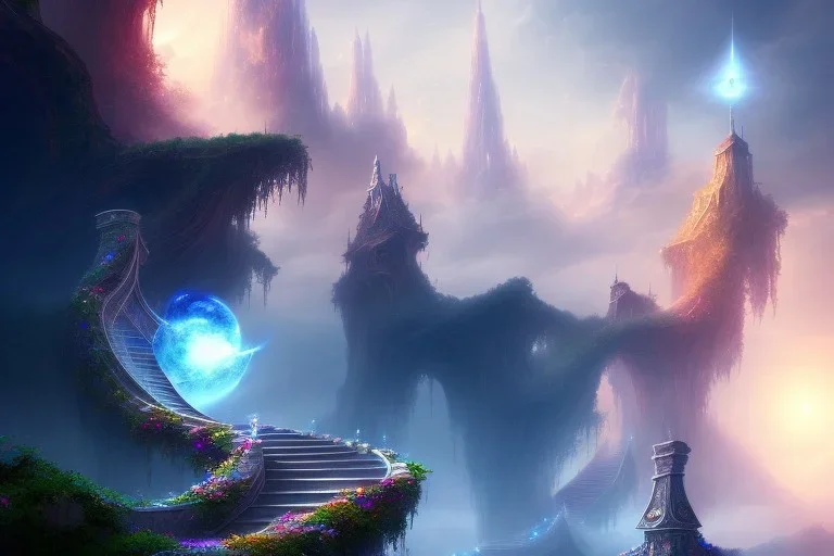 mythical mystical long stairway up to heaven in the sky, otherworldly mist, beautiful colours, fine art, trending on artstation, masterpiece