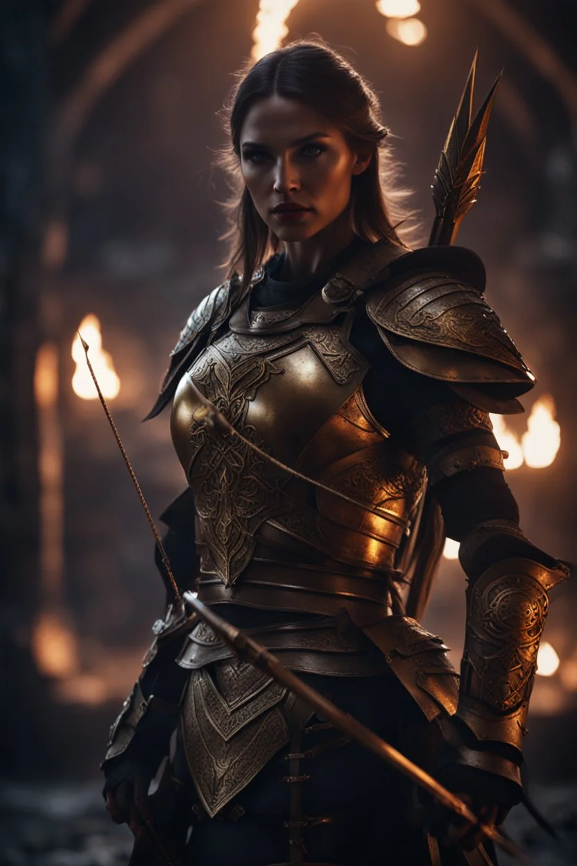 female warrior holding a nocked bow and arrow wearing bronze armour dark fantasy Realistic 4k