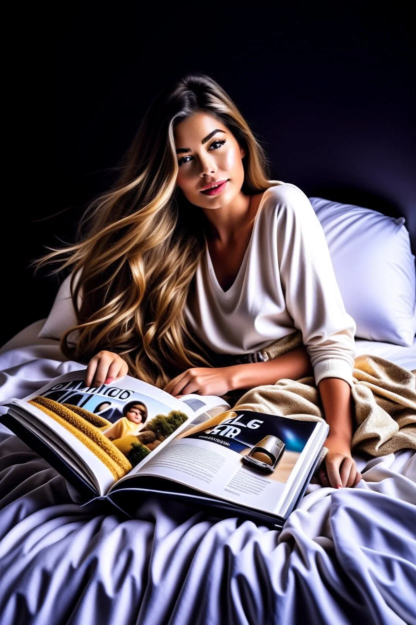 On the cover of the magazine, a gorgeous supermodel lounges on a plush bed with a fluffy duvet and cushions. She is dressed in a stylish and comfortable sleepwear ensemble from a renowned designer brand. Her long hair is sleek and shiny and her makeup is natural and radiant. She looks relaxed and happy, holding a cup of coffee and a book