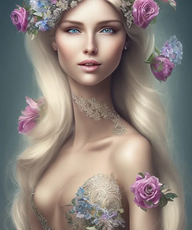 portrait borders head Princess with great bobs long blond hairs, smile,blues eyes no top with flowers