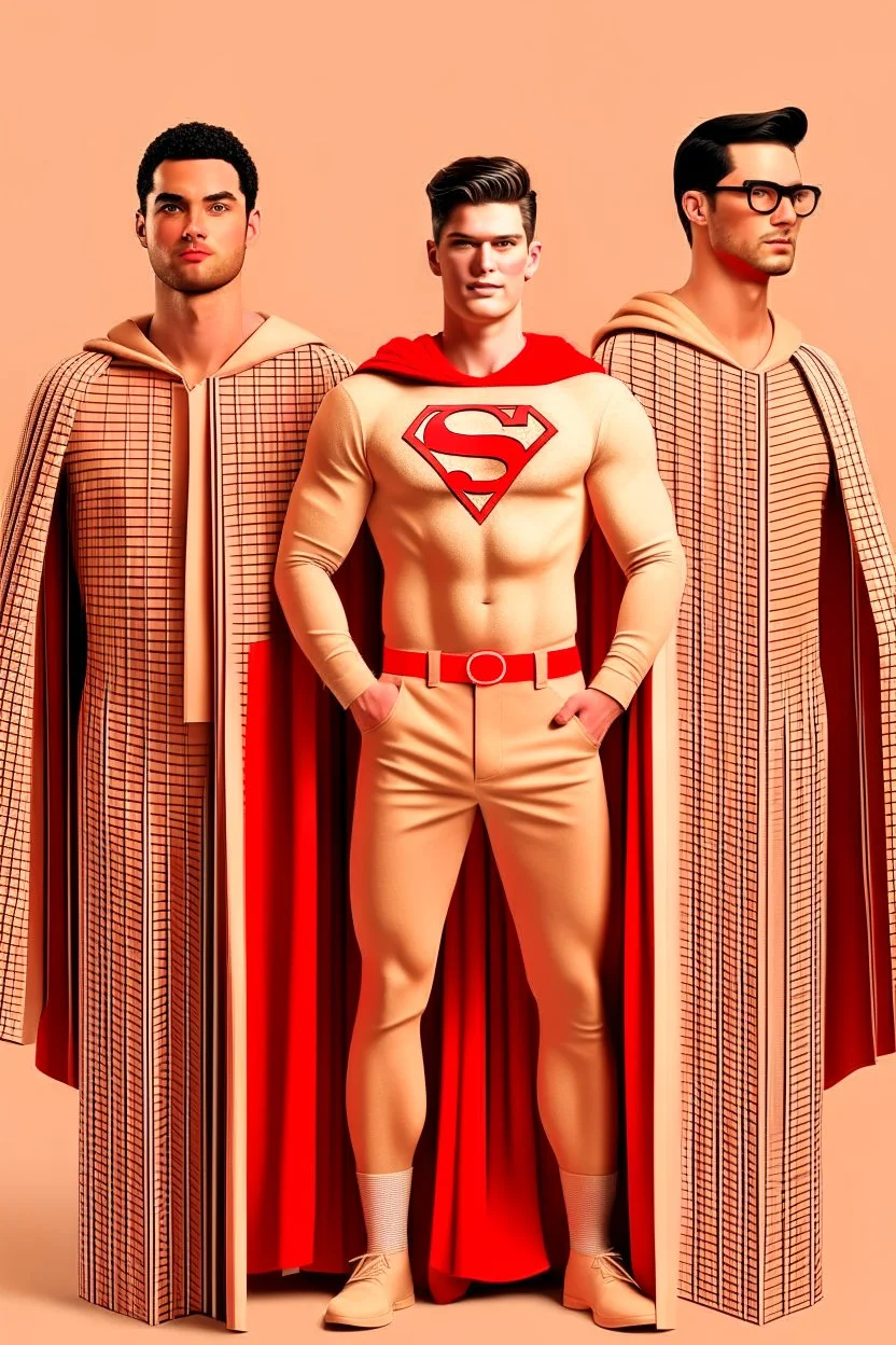 three men in different Balenciaga Superman's big emblem clothing, beige tones, fashion plates, outfits, modern designs, deconstructed tailoring, rendered in cinema4d –q 2 –ar 3:5