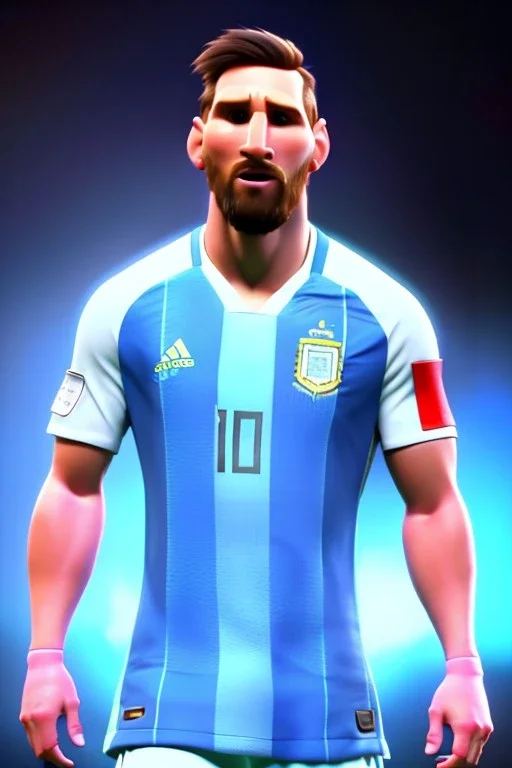 Realistic Messi Argentina soccer player Portrait, mid shot view, epic, god lights, concept art, art station, 3d, photo studio, blue clean background, unreal engine 5, ray tracing, RTX, lumen lighting, ultra detail, volumetric lighting.