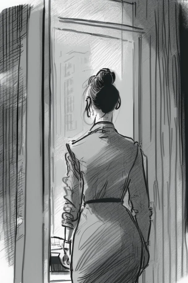 woman with a bun walking away out of someone's office with big windows sketch style