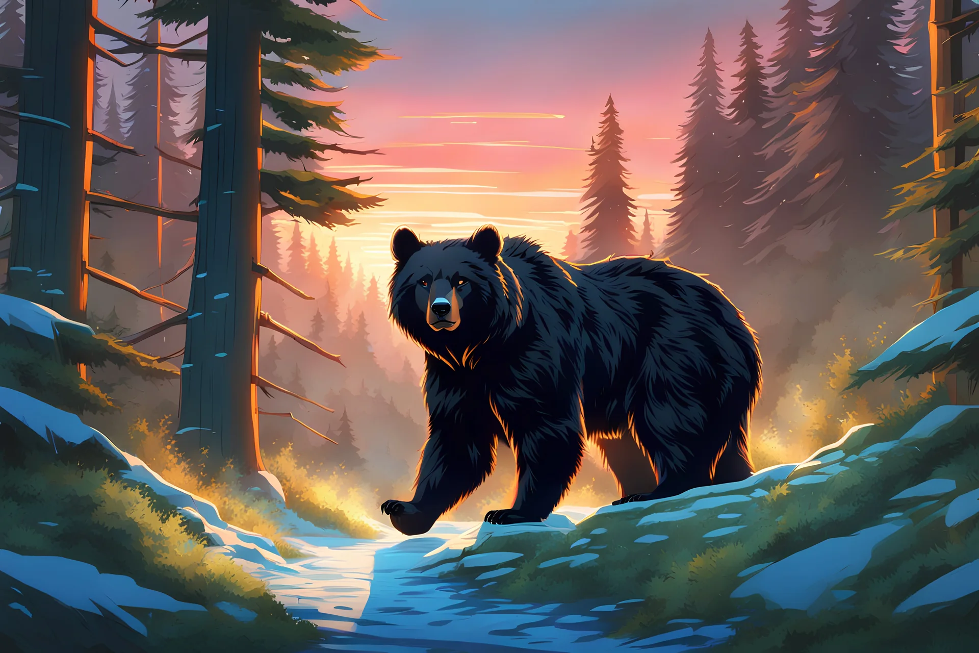 Shadow in 8k realistic anime drawing style, bear them, neon ice power, ice forest, highly detailed, high details, detailed portrait, masterpiece,ultra detailed, ultra quality