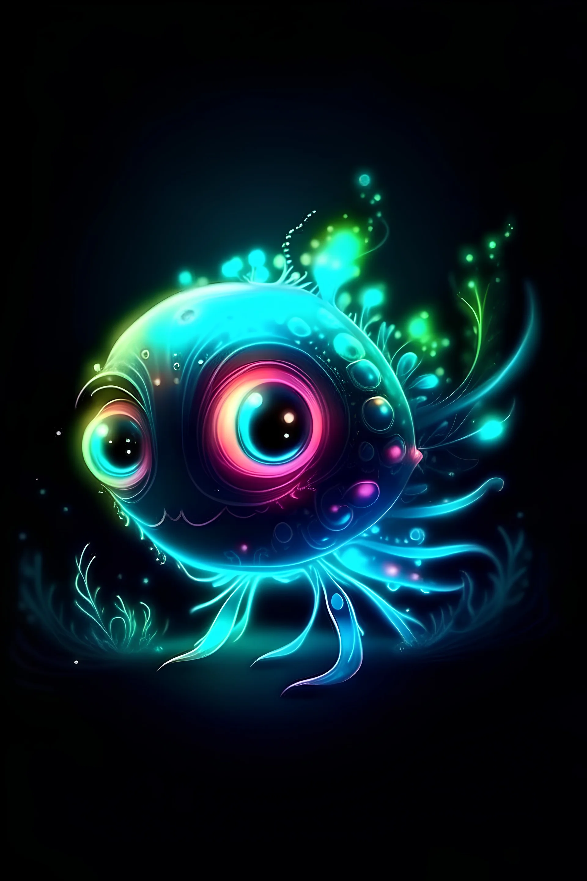 Cartoon Underwater bioluminescent cute tiny psychedelic creature, macro art