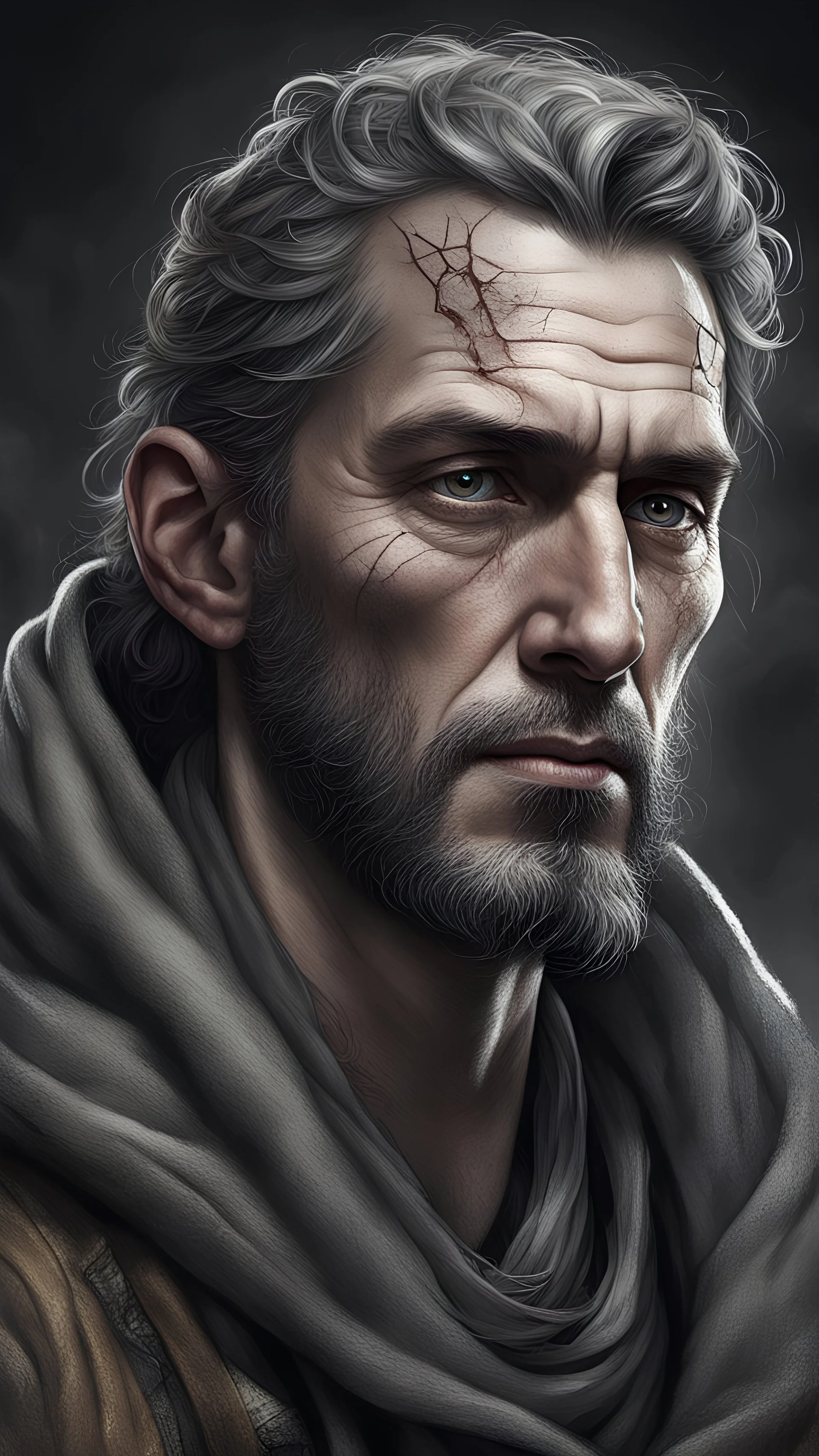 Prompt: magazine, statistics, lines pointing to clothing and gear, detailed character from a dark, high epic fantasy, lots of details, graphs --ar 9:16 a 40-year-old man with deep eyes that reflect many battles and losses . His face, although framed by wrinkles and scars, always expresses determination and willpower. His gaze is cold, like a steel blade, but in his dark eyes there is a spark - a thirst for truth and salvation. He wears a worn-out military uniform, covered with dust and stitches,