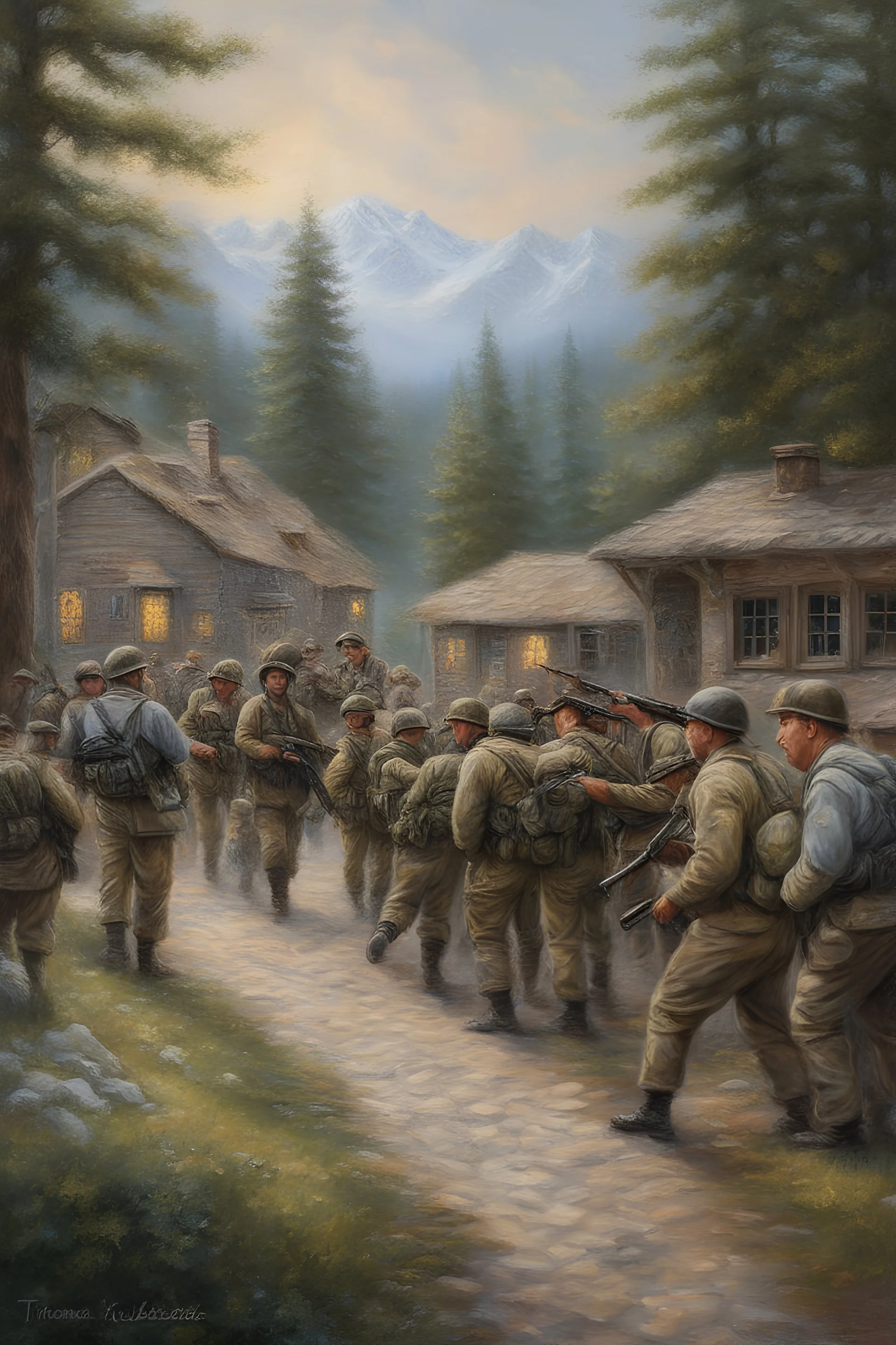 Band of Brothers, Oil on Canvas by Thomas Kinkade - 4k UHD, Ultra-realistic, Hyper realistic, Photorealistic, Realistic, absolute Reality