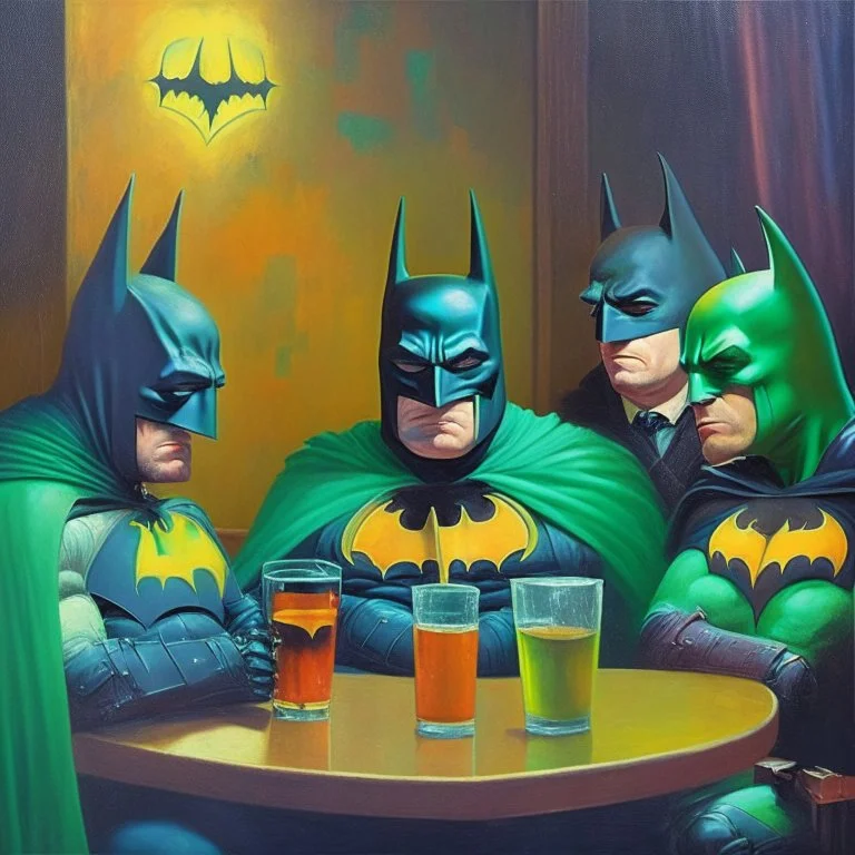 An oil painting of a dark universe masonic sad drunk batman convention, green batman, orange batman, cyan batman, white batman.