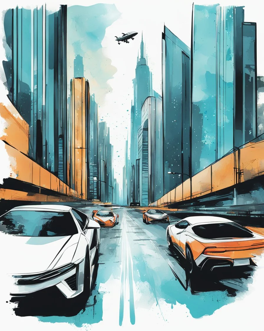 vector t-shirt design, minimalistic ink drawing style, vanishing point on white paper, water color splash, A futuristic cityscape with flying cars soaring between skyscrapers. Digital art, Cyberpunk. In the artistic vision of Linus Martell., painting, illustration