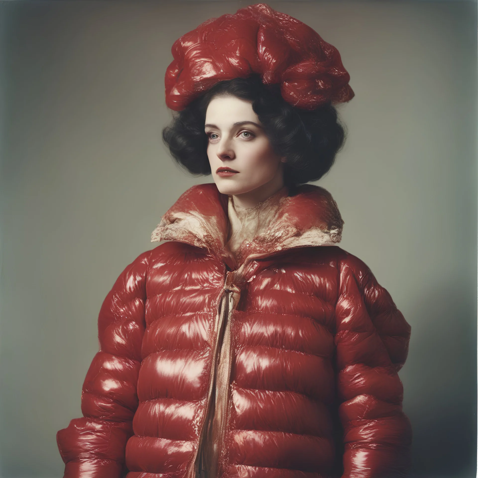 Countess di Castiglione,, red, autochrome, plastic puffy jacket