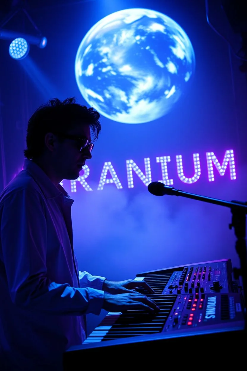 French cool synth player, he is called "Jean-Maurice Brûlée" performing at dance club, his name is "Jean-Maurice Brûlée" , white and blue Neon lights and smog, an earth is projected in background, and "URANIUM" big sign on the wall, he is playing on synthesizers on stage with lot of laser beams and wearing black sunglasses,