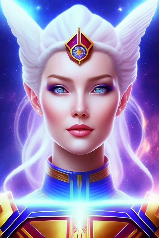 young cosmic woman admiral from the future, one fine whole face, large cosmic forehead, crystalline skin, expressive blue eyes, blue hair, smiling lips, very nice smile, costume pleiadian,rainbow ufo Beautiful tall woman pleiadian Galactic commander, ship, perfect datailed golden galactic suit, high rank, long blond hair, hand whit five perfect detailed finger, amazing big blue eyes, smilling mouth, high drfinition lips, cosmic happiness, bright colors, blue, pink, gold, jewels, realistic, real