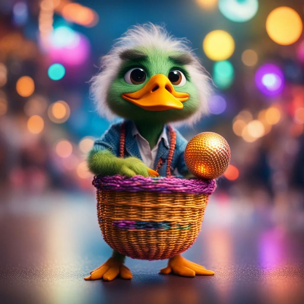 Jo Biden as hairy groove funk duck gremlin hippie holding disco ball like a basket ball,bokeh like f/0.8, tilt-shift lens 8k, high detail, smooth render, down-light, unreal engine