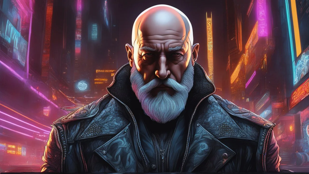 Old man, big beard, Bald hair, in cyberpunk drawing, venom model , neon, intricate details, highly detailed, high details, detailed portrait, masterpiece,ultra detailed, ultra quality