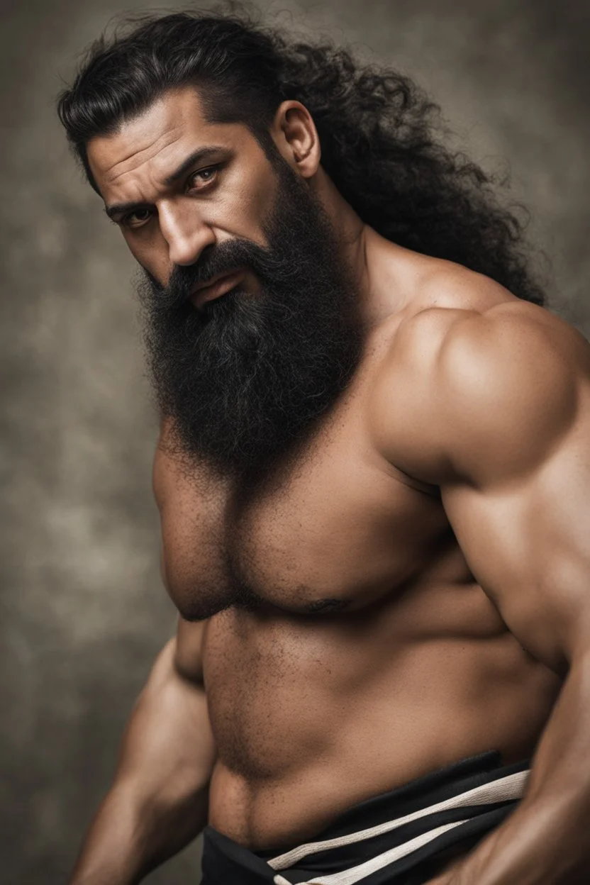 full figure shot photography of a burly ugly 30 year old italian boxer with big broken nose, very long muslim black beard, muscular beefy man shirtless, manly chest, big shoulders, short hair, bulge, photorealistic