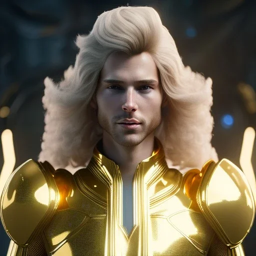 beautiful cosmic golden male, long hair, nice smiling, delicate colors, beautiful glamour galactic golden dress, ultra sharp focus, 8k, unreal engine 5, extremely sharp detail, light effect, soft light atmosphere of a spaceship, smooth, full of details, face in front, complete vision of face and body