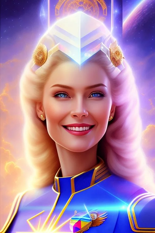 cosmic woman smile, admiral from the future, one fine whole face, crystalline skin, expressive blue eyes,rainbow, smiling lips, very nice smile, costume pleiadian, Beautiful tall woman pleiadian Galactic commander, ship, perfect datailed golden galactic suit, high rank, long hair, hand whit five perfect detailed finger, amazing big blue eyes, smilling mouth, high drfinition lips, cosmic happiness, bright colors, blue, pink, gold, jewels, realist, high commander