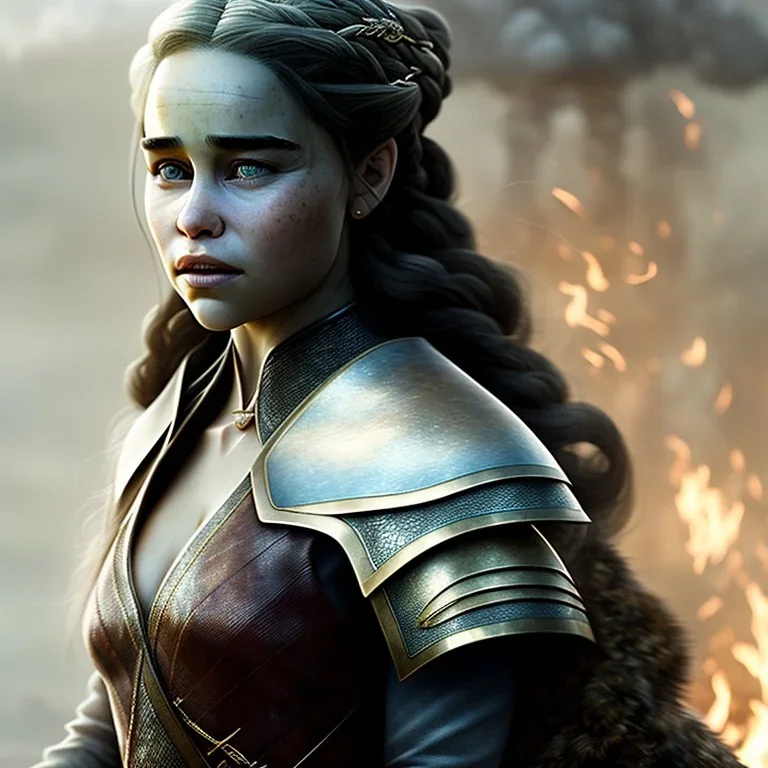 portrait emilia clarke face, wearing dragon armor. fly hair, village, highly realistic, highly detailed, mist around, smoke, particles, fog and fire