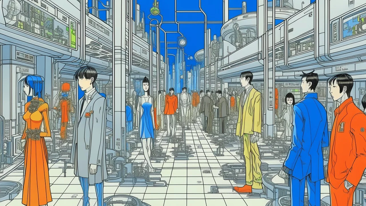 An illustration by Kuniyoshi and and Picasso of tech-people walking inside a futuristic matrix world.