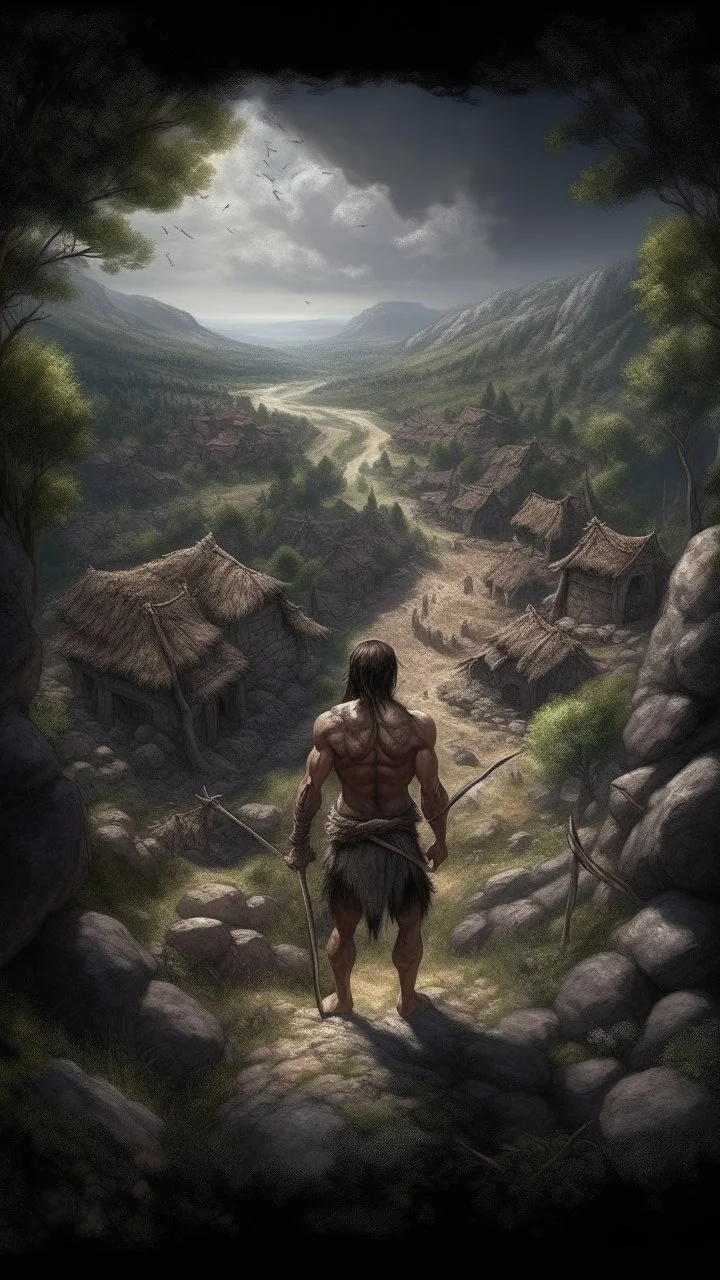 Busch nightmares paining style, thin line draw ,Title:a giant man looks like a hero holding a sword , a top view of a Stone Age village , 8k artistic photography, photorealistic concept art, soft natural volumetric cinematic perfect light, chiaroscuro, award-winning photograph, masterpiece, oil on canvas, Raphael, Caravaggio, Greg Rutkowski, people, beksinski, Giger