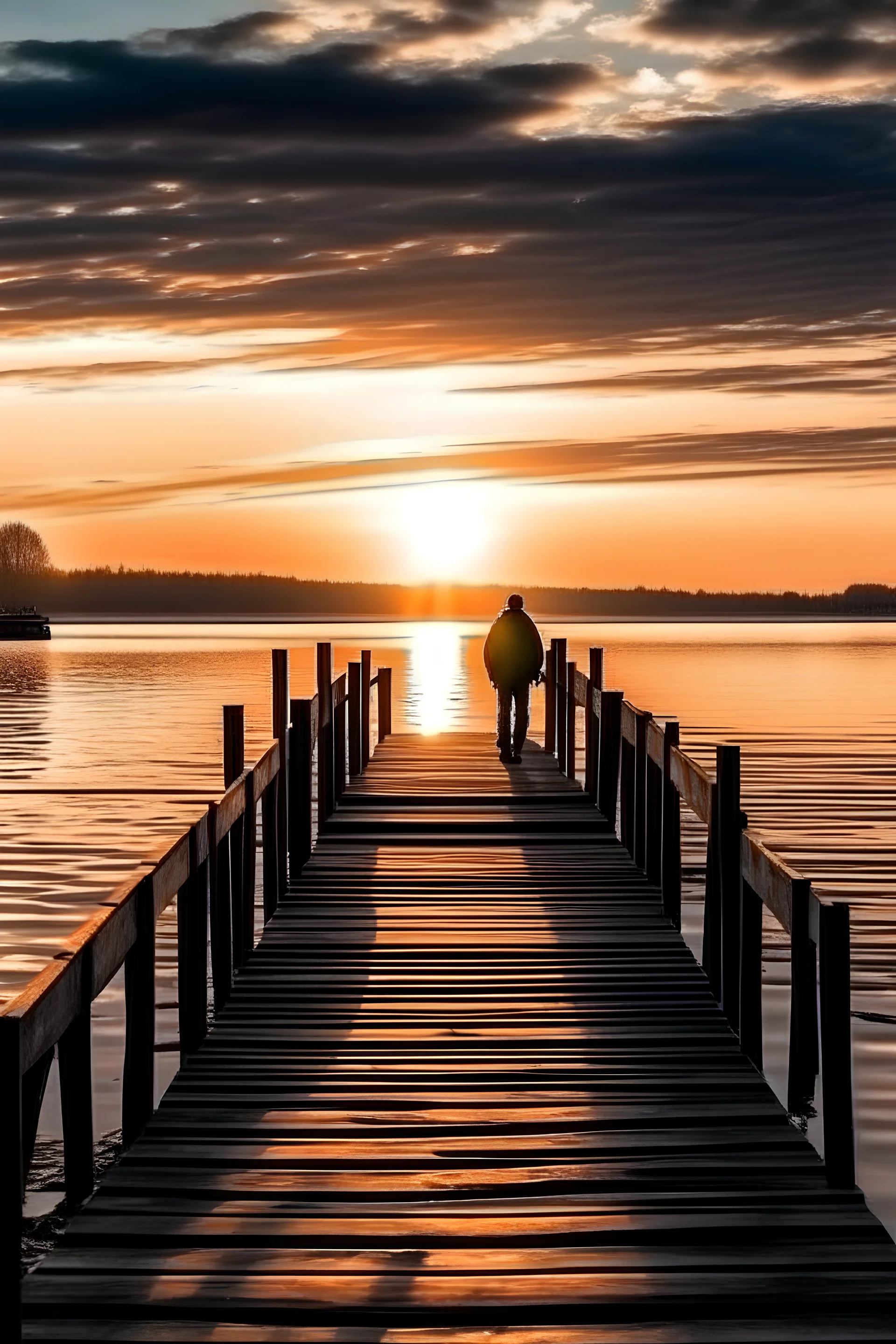 imagen panorámica de un muelle al atardecer con aire nostálgico y una persona que parece estar esperando hace rato a alguien que aun no llega