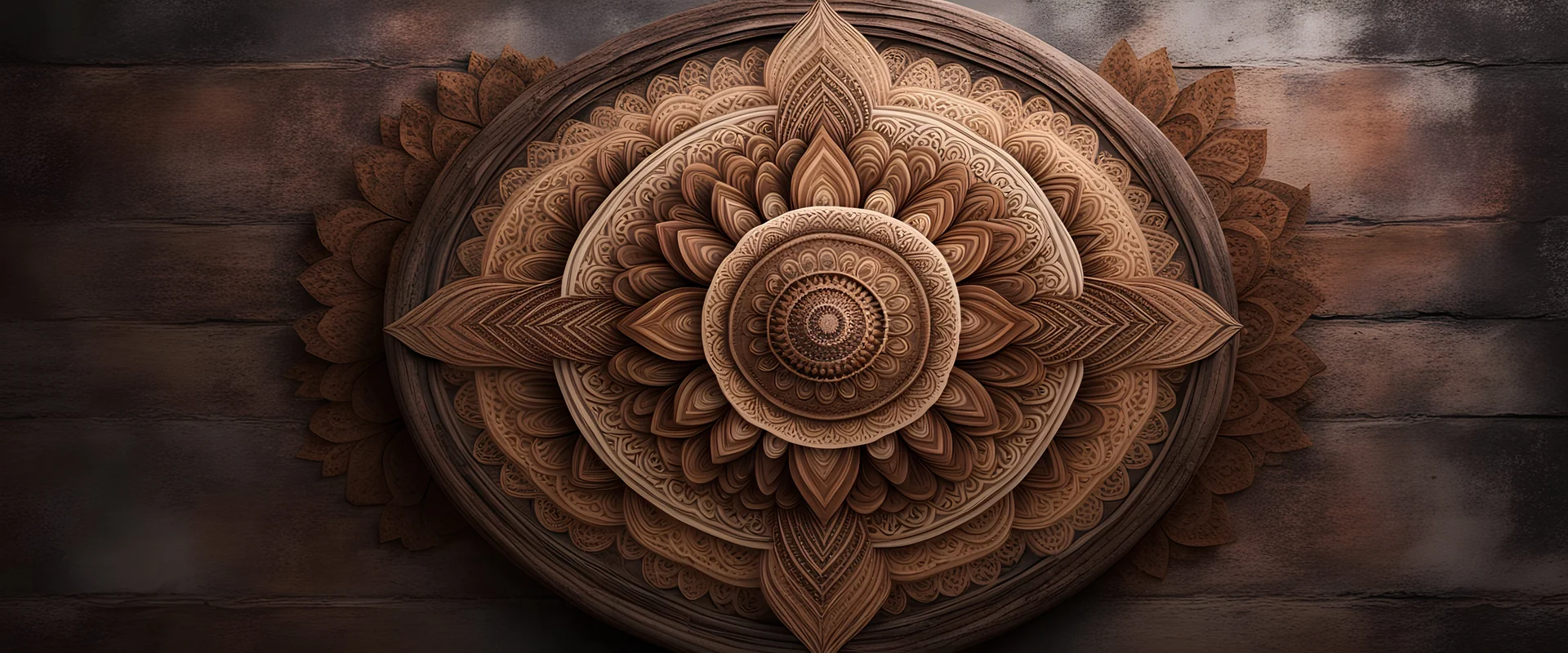 Hyper Realistic Beautiful brown Mandala art on a dark rustic wall