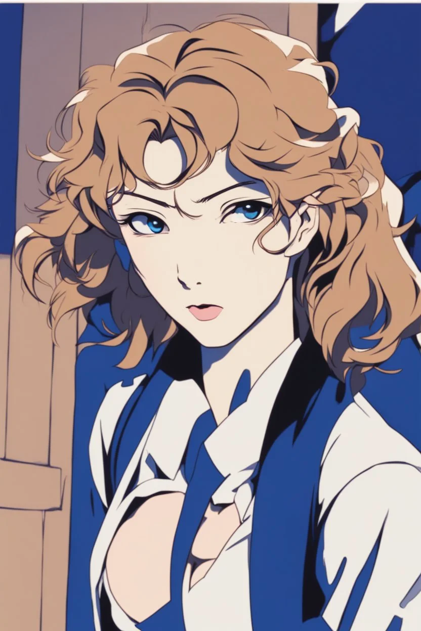 Create an intense, evocative portrait in the Japanese retro anime style of the 80s and 90s. The scene features a male bathed in deep blue light, leaning against a wall with her arms raised, eyes closed in a moment of raw emotion. Her attire is minimal, accentuating the curves of her body and the dramatic shadows cast by the lighting. The background is stark, with sharp contrasts highlighting the contours of her form. The blue and black palette intensifies the mood, evoking a sense of mystery a