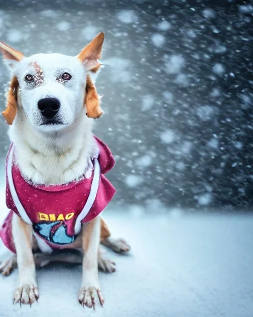 Dog in t-shirt standing like a human, snowy background, anthropomorphic, personification, 8k resolution concept art dynamic lighting intricately detailed DSLR detailed painting surrealism maximalist volumetric lighting