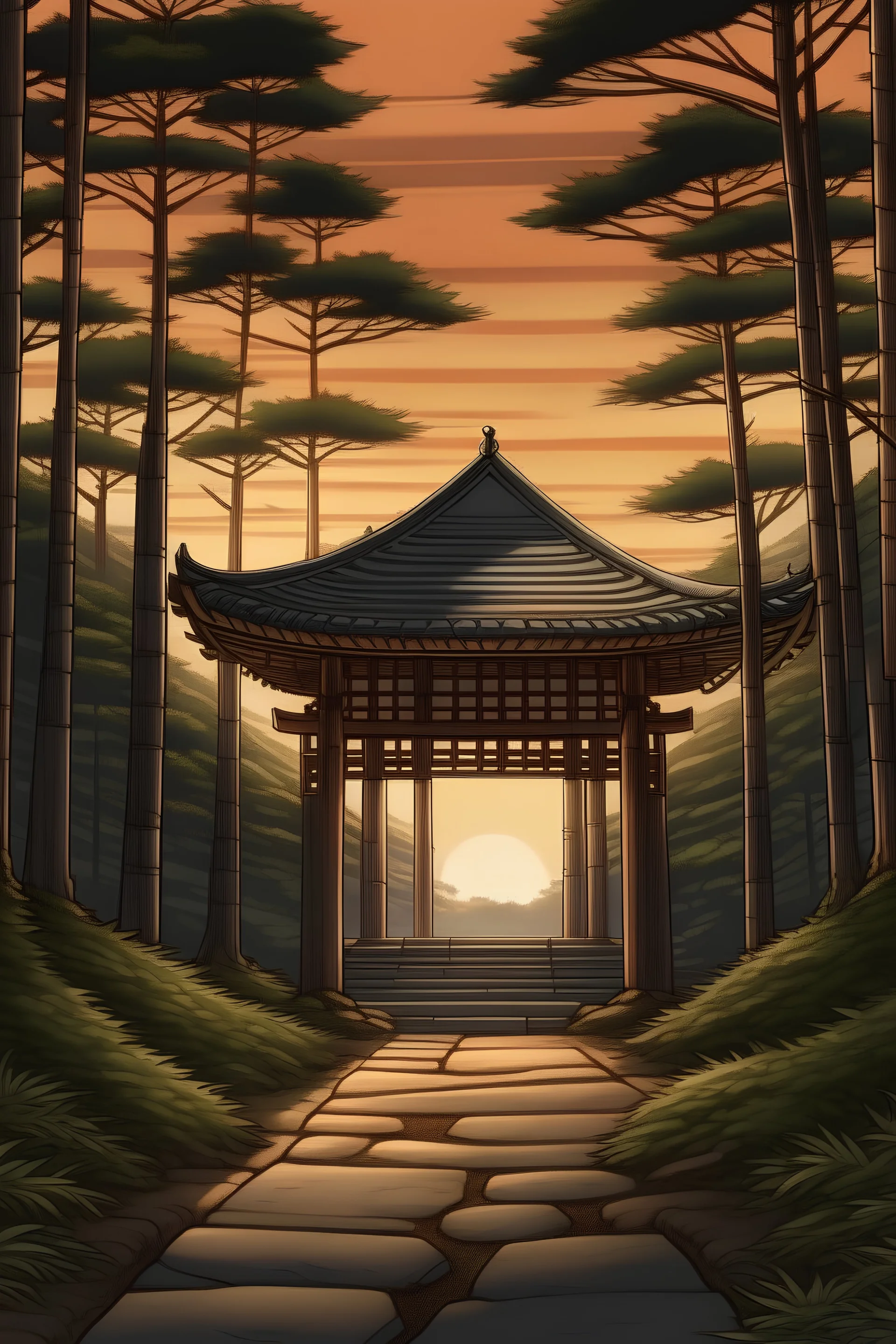 Shinto shrine in forest in 1 point perspective with sunset realism