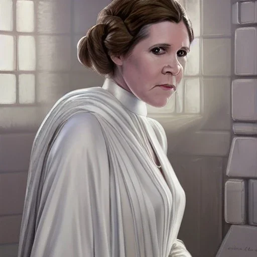 [[extrem stunning photorealistic carrie fisher as princess leia in star wars]] :: [[photorealistic sharp brown eyes, inticate ornate white gown, symmetrical short hair, head and shoulders portrait, 8k resolution photorealistic portrait by Greg Rutkowski, WLOP, hyperdetailed, intricately detailed, triadic colors]]