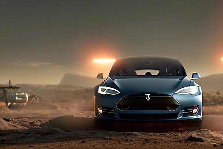 A Tesla 'Model Y' is parked, during the battle of "The War of the Worlds" (of H.G. Wells). (CINEMATIC, WIDE ANGLE LENS, PHOTO REAL)