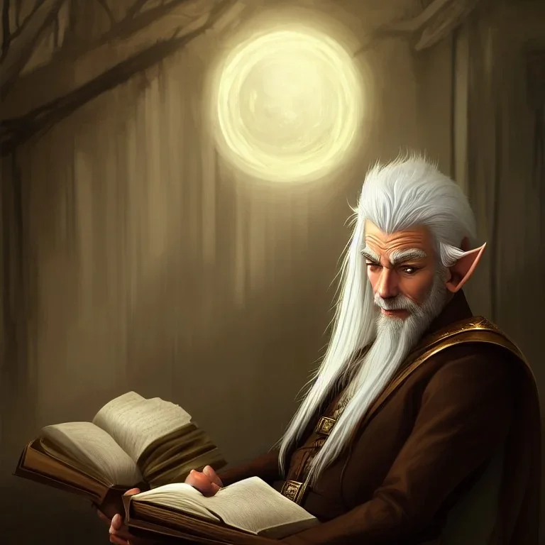 portrait of one calm old elf with white hair in brown suit reading a legendary book, fantasy character, somber, gloomy lighting, epic perspective, trending on artstation