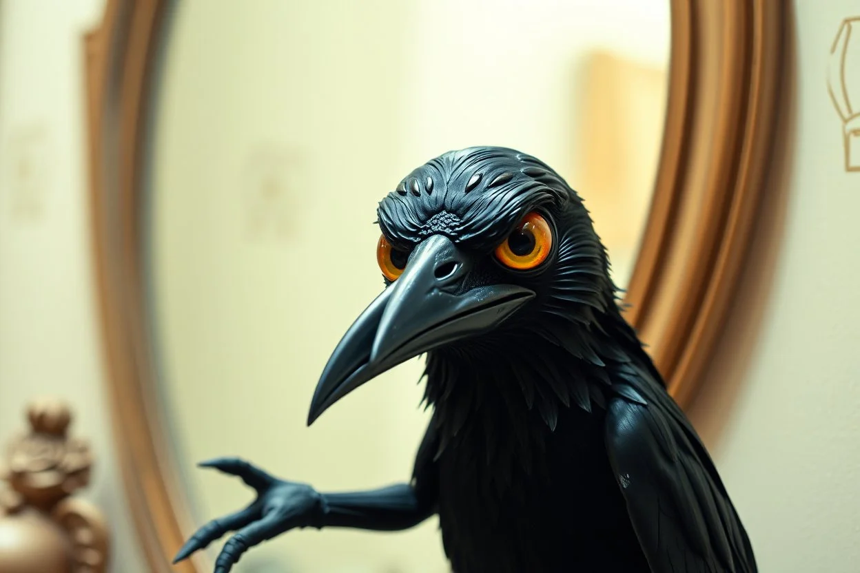 shiny yoga crow kuotoa thief fat vampire semi transparent crazy eyes in front of mirror