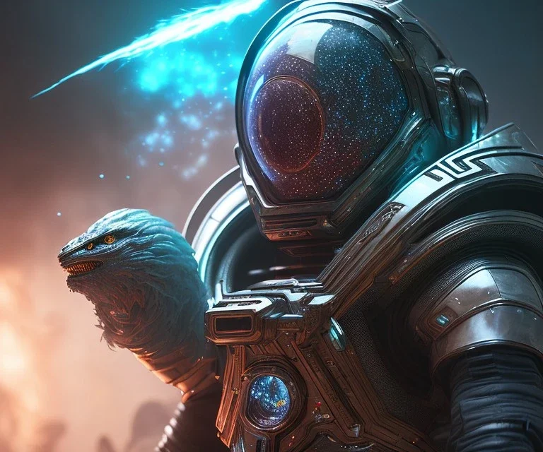 Full scale Epic Character design, strong Alien Male galaxy void soldier wearing metal armor with glow, mist, photorealistic, octane render, unreal engine 5 style, ultra detailed, volumetric lighting, Dark Alien planet, wearing a helmet and a cape, detailed face