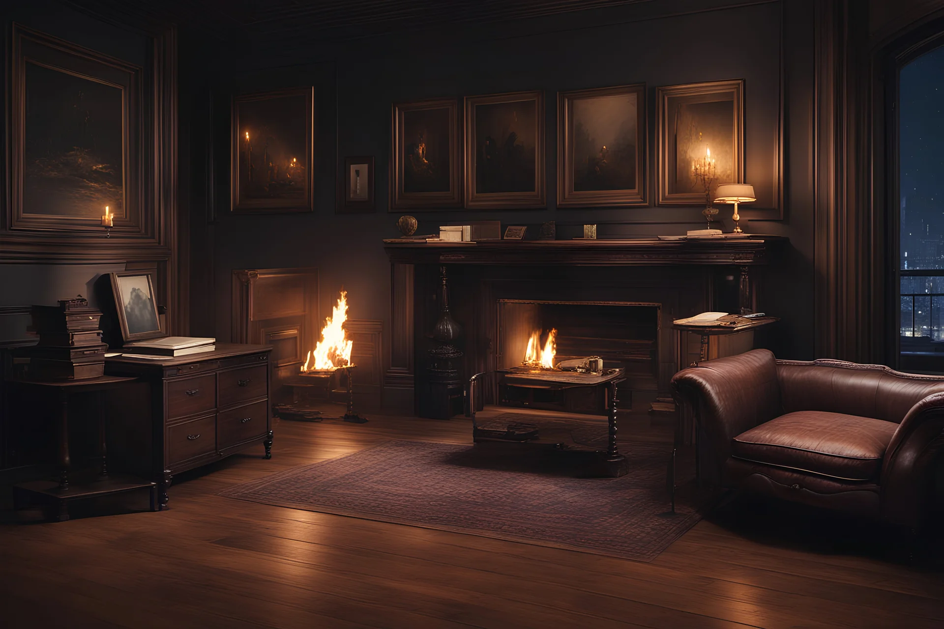 Antique office, couch, lit fireplace, wooden floor, dark colours, night time