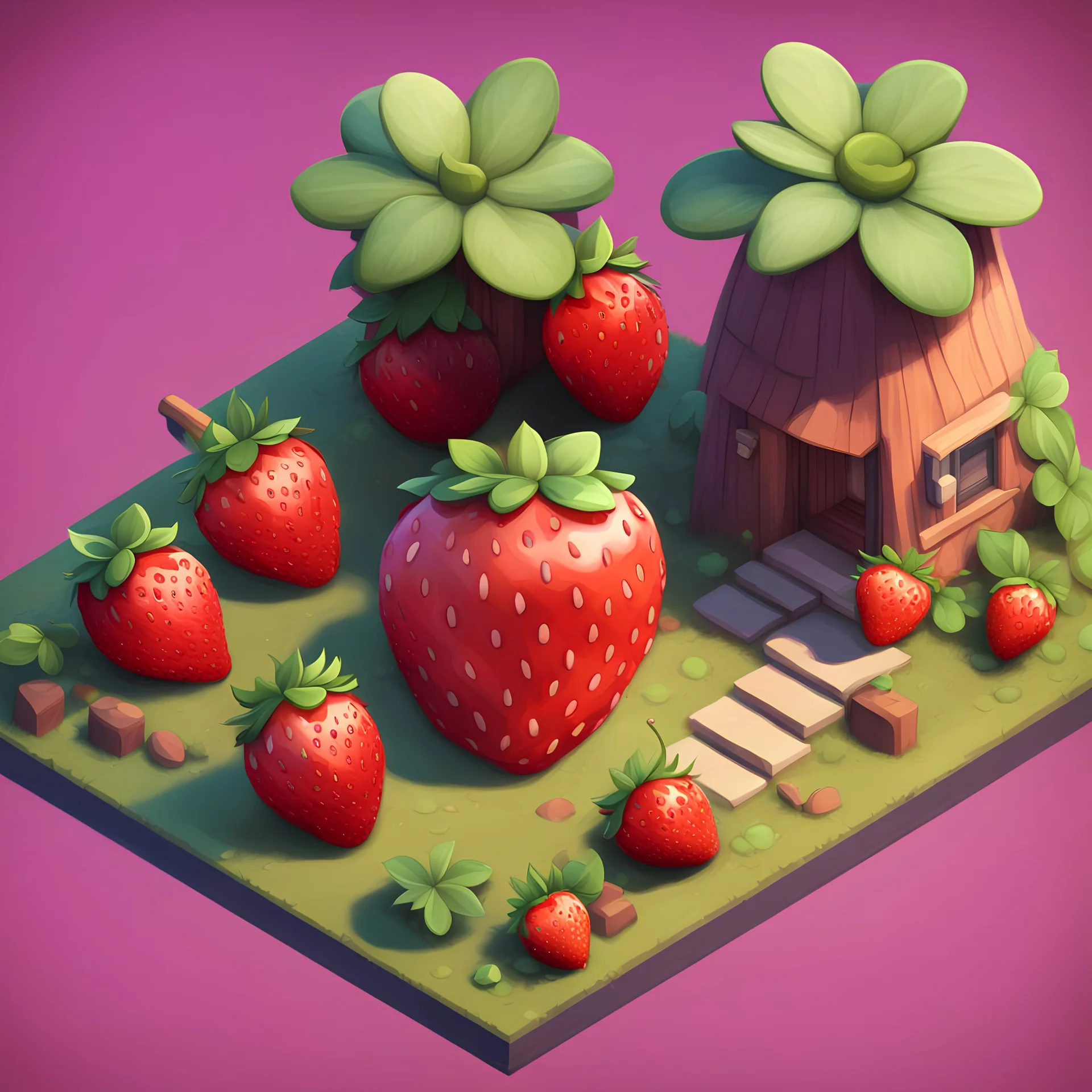 create a strawberry fruits into cartoonist hut style model isometric view for mobile game bright colors render game style