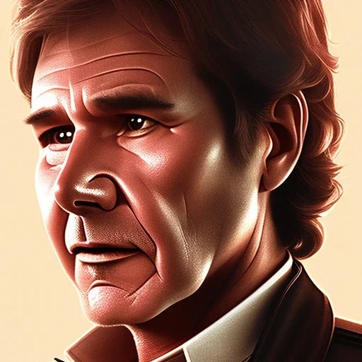 portrait of harrison ford as captain han solo, brown eyes, realistic, rough facial skin, cinematic lighting, photorealistic, volumetric light and shadow, hyper HD, octane render, unreal engine, insanely detailed and intricate, hyper-realistic, space background, watercolour on white paper