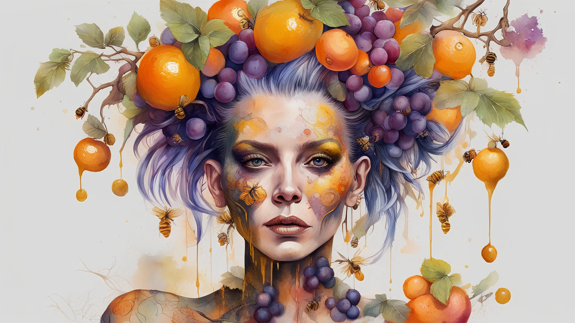 Punk woman 49 years old, hair made of Fruits, Grapes, tangerines, gold, gouache, watercolor, acrylic, paint drips, branches, fine drawing, golden makeup, bees, tattoo, alien, bright colors, fine drawing, double exposure, high detail , high resolution, 8K, 3D, bees,