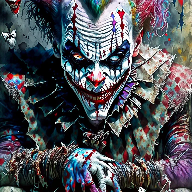 Harlequin clown patchwork art by cameron gray epic poster, Hyper realistic monster clown. sits on a pile of bones and skulls watercolor painting, Jean-Baptiste Monge style, bright, beautiful in spring, splash, big perfect eyes, rim lighting, lights, magic, fantasy, digital art, wlop, artgerm and james jean Modifiers: 8k cinematic lighting photorealistic 4K 3D crisp quality hdr Ultra realistic Gian Lorenzo Bernini Geometric and cubist