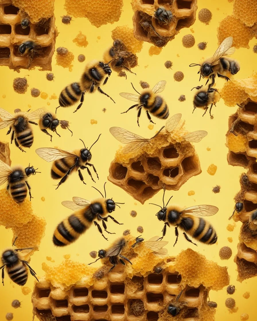 bees flutter over the hive, behind there is a honey yellow background and honeycombs