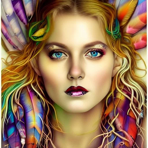 #Leonardai Starling , photorealistic ,pop surreal , lowbrow art ,enchanting portrait of a beautiful mature woman,representing a starling , feathers in her hair ,black and vibrant colors , sweet , magical , cosy warm light , whimsical, alluring , dazzling ,, expressive