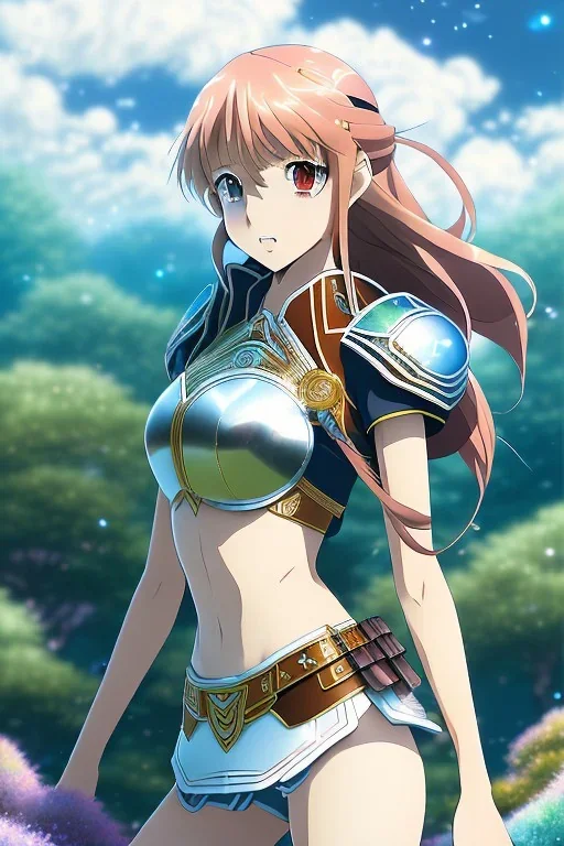 In the style of Kodomo Anime, concept illustration, super-detailed, beautiful teen female who is 16 years old with long ginger hair and freckles, full lips, full body, full face, b-cup breasts, athletic, centred camera, ignore NSFW, skimpy brown fantasy leather armor, halter top, micro thong, knee-high leather boots, open leather skirt, stern expression, cute pose with hands behind butt