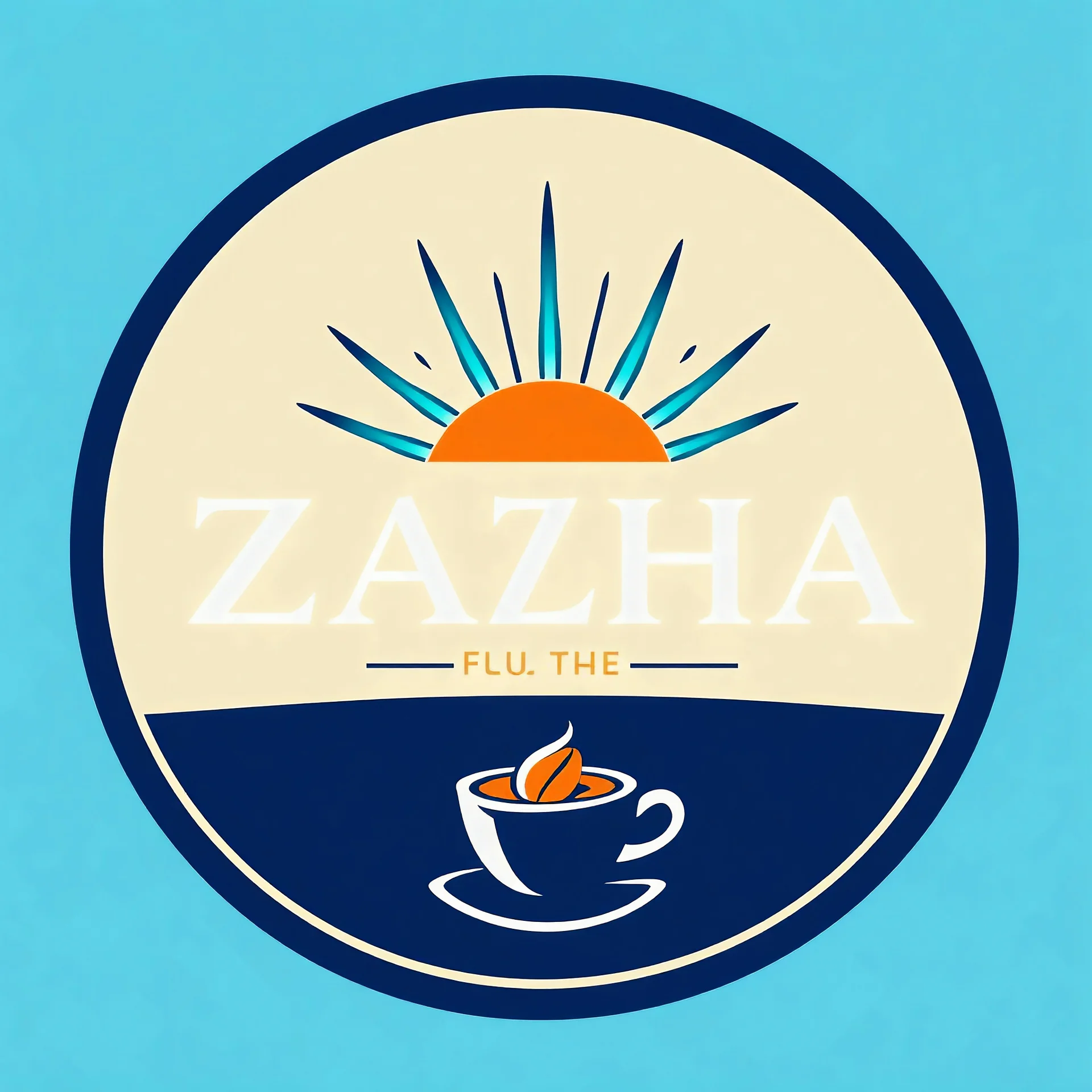 A circular logo with the name (ZAHA) designed for a cafe with the symbol of the sun and the writing of the cafe under the name and the theme of turquoise and indigo colors and a coffee bean and a coffee cup at the bottom of the logo and a blue and black circle around the work